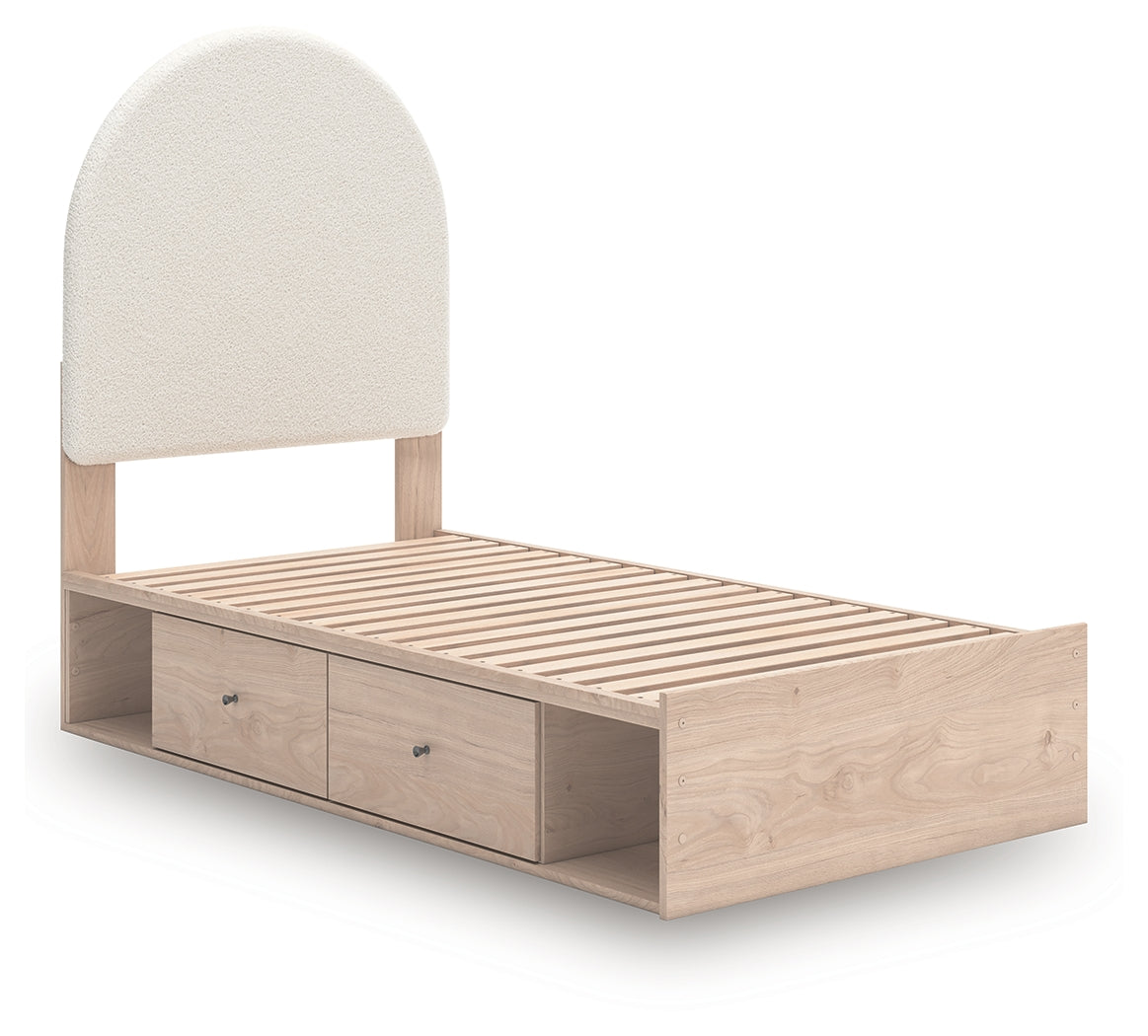 Shapella Tan/White Twin Upholstered Panel Bed with Storage