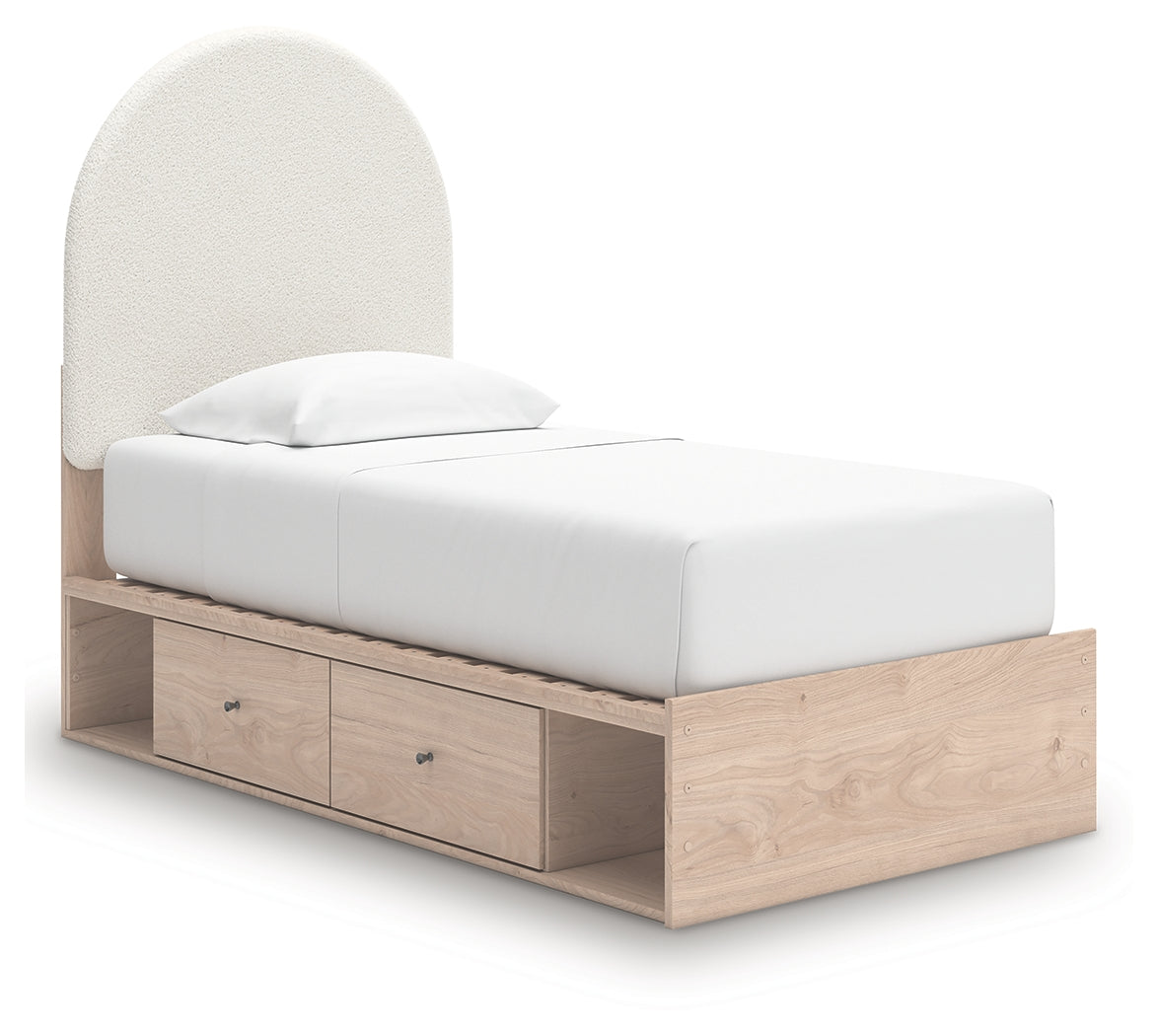 Shapella Tan/White Twin Upholstered Panel Bed with Storage