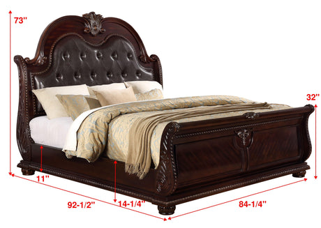 Stanley Cherry Brown Traditional Fabric Upholstered Tufted Sleigh Bedroom Set - Ella Furniture