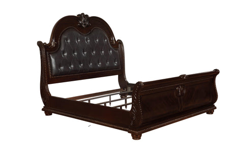 Stanley Cherry Brown Modern Wood Queen Faux Leather Upholstered Tufted Sleigh Bed - Ella Furniture