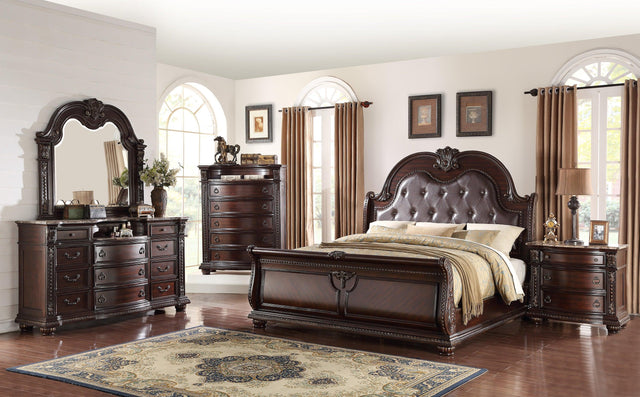 Stanley Cherry Brown Traditional Fabric Upholstered Tufted Sleigh Bedroom Set - Ella Furniture
