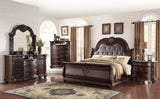 Stanley Cherry Brown Finish Modern Wood King Faux Leather Upholstered Tufted Sleigh Bed - Ella Furniture