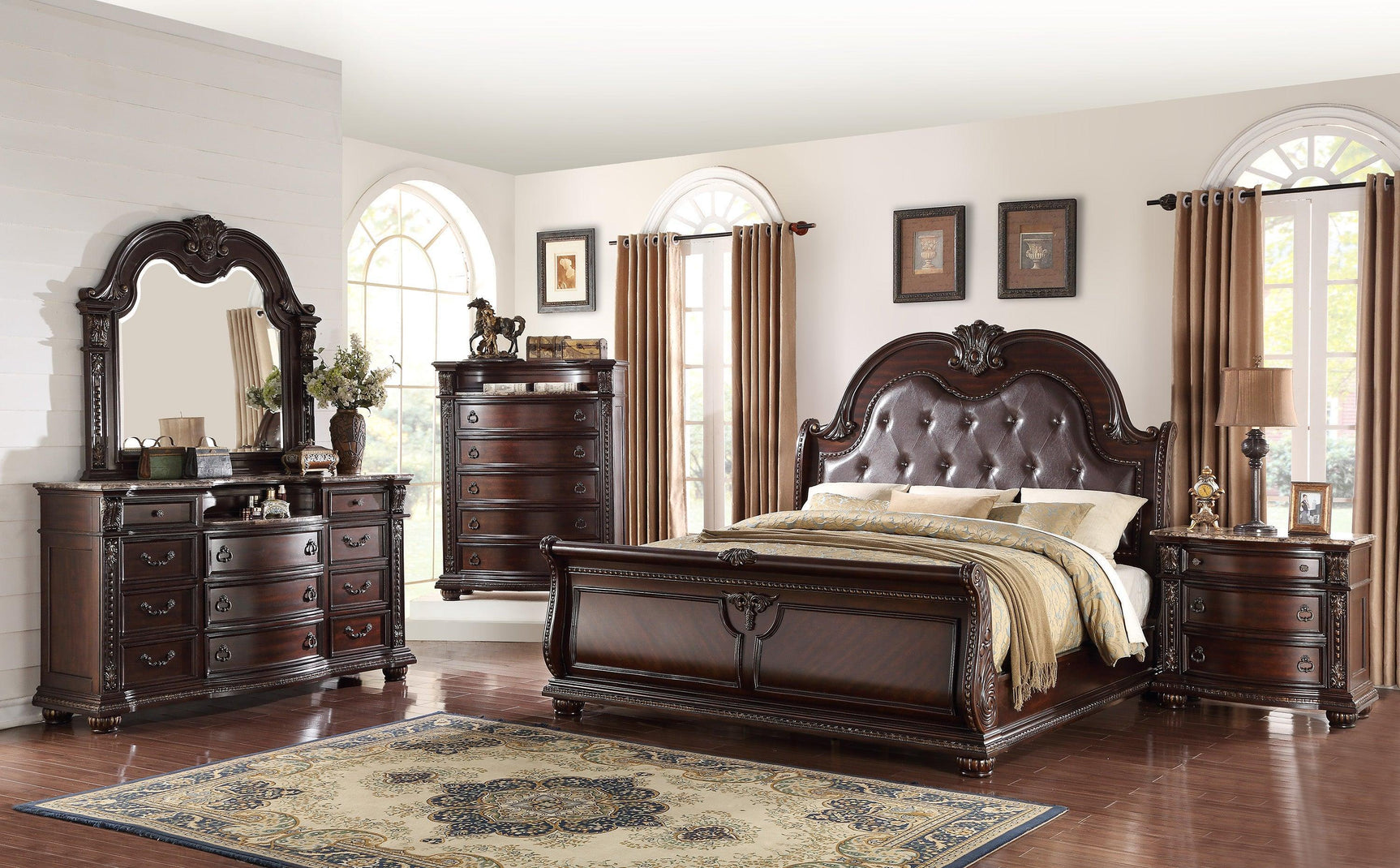 Stanley Cherry Brown Finish Modern Wood King Faux Leather Upholstered Tufted Sleigh Bed - Ella Furniture