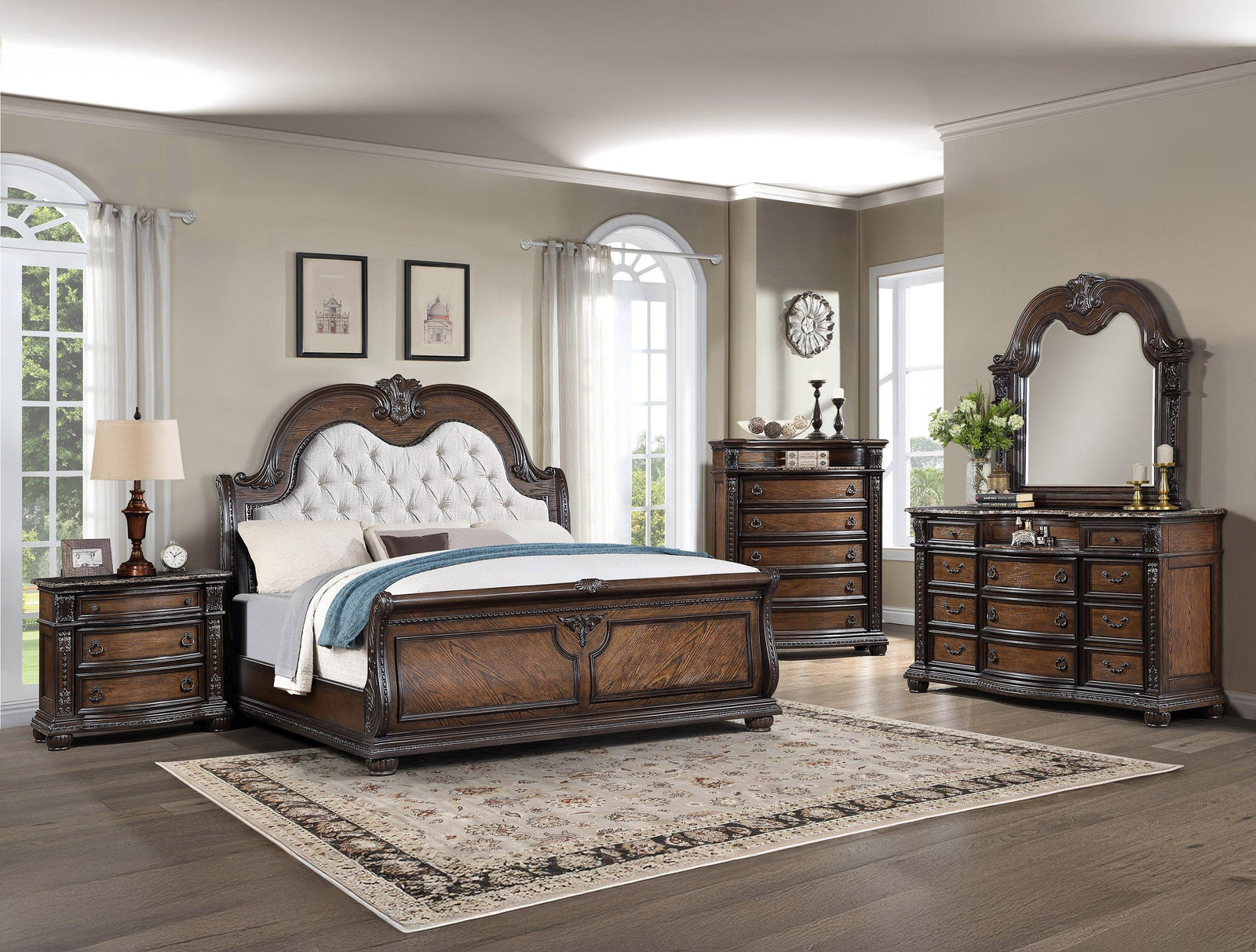 Stanley Coffee Brown Upholstered Tufted Sleigh Bedroom Set