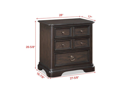 Duke Night Stand Brown, Transitional Wood, 3 Spacious Drawers - Ella Furniture