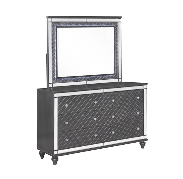 Refino Glamorous Dresser Gray, Modern Wood, Faux Crystal 6 Drawers - Ella Furniture