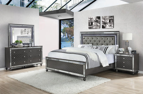 Refino Gray Sleek And Modern Queen LED Faux Leather Upholstered Tufted Panel Bed - Ella Furniture