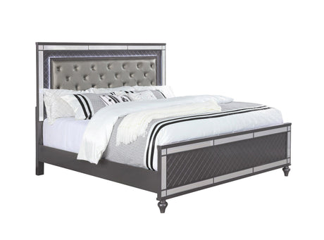 Refino Gray LED Modern Sleek Fabric Upholstered Tufted Panel Bedroom Set - Ella Furniture
