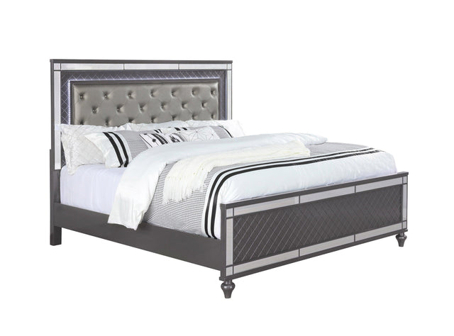 Refino Gray Stunning And Modern King LED Faux Leather Upholstered Tufted Panel Bed - Ella Furniture