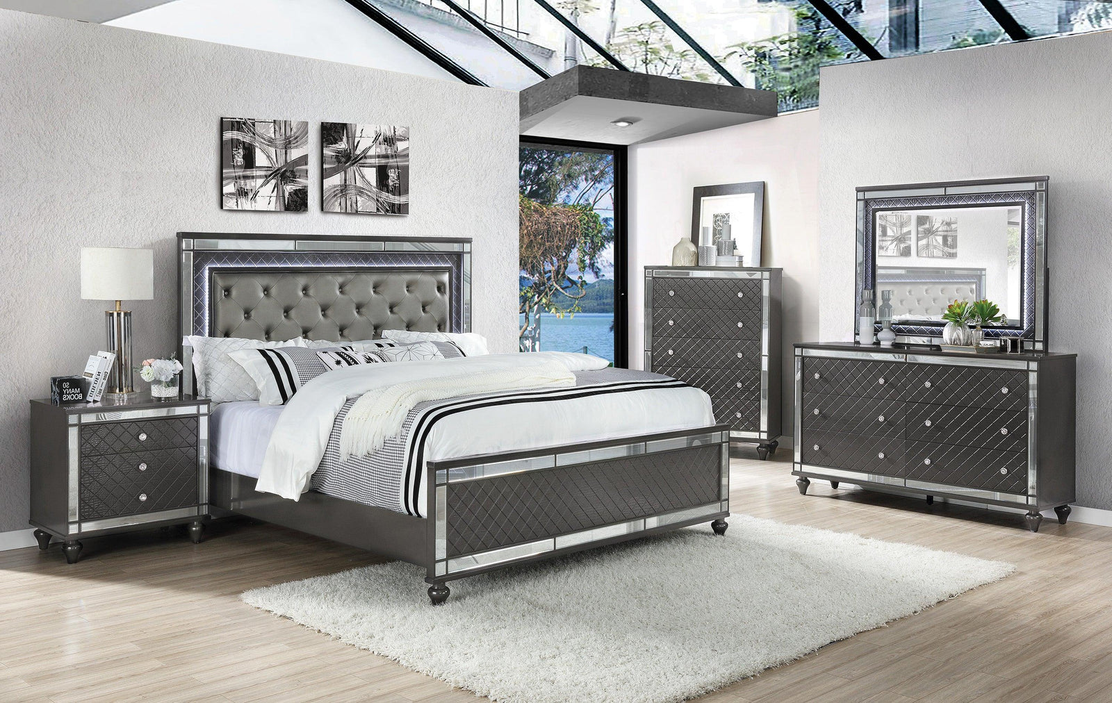 Refino Gray LED Modern Sleek Fabric Upholstered Tufted Panel Bedroom Set - Ella Furniture