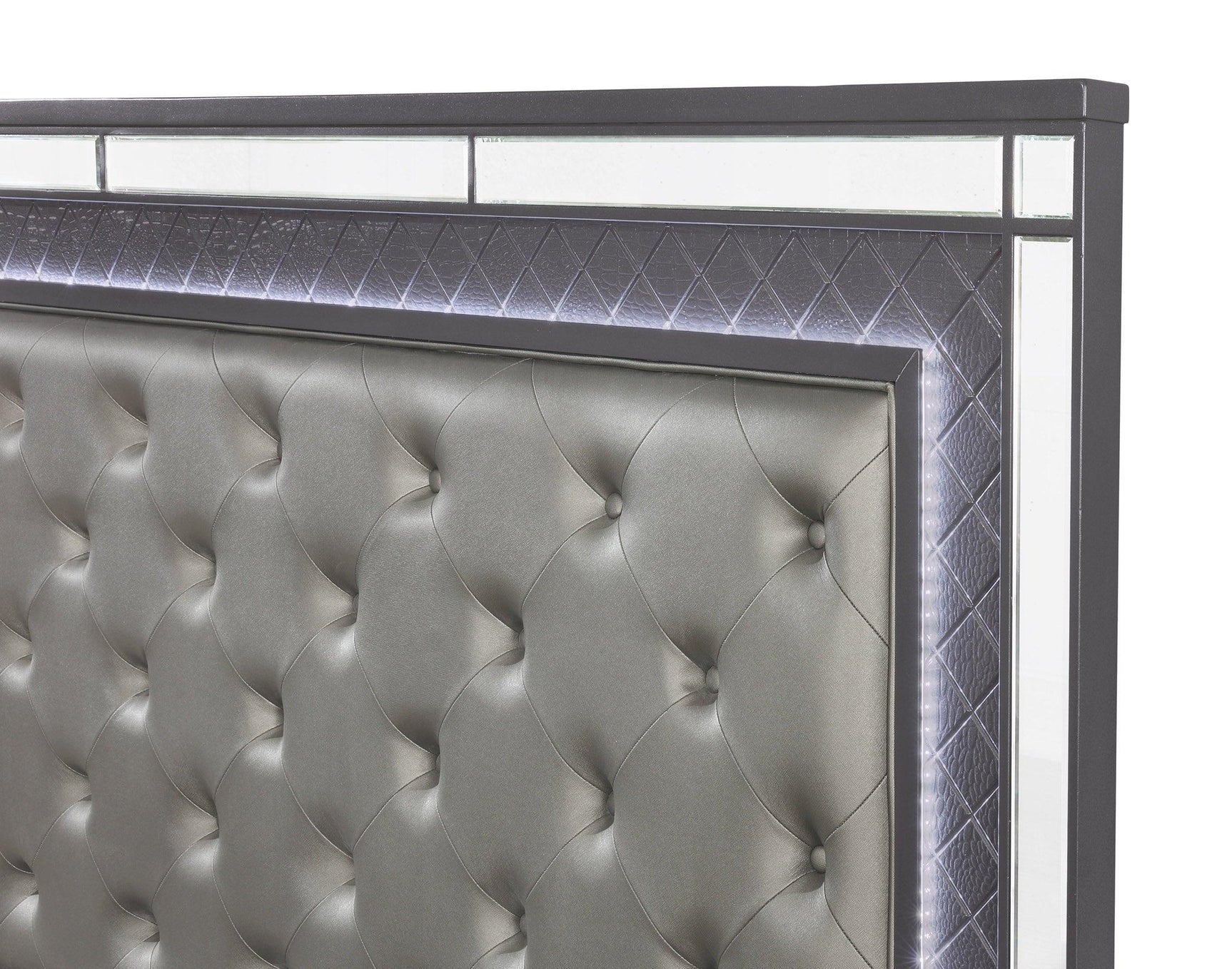 Refino Gray Sleek And Modern Queen LED Faux Leather Upholstered Tufted Panel Bed - Ella Furniture