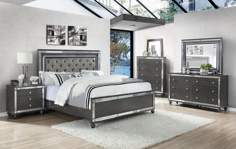 Refino Gray Stunning And Modern King LED Faux Leather Upholstered Tufted Panel Bed - Ella Furniture
