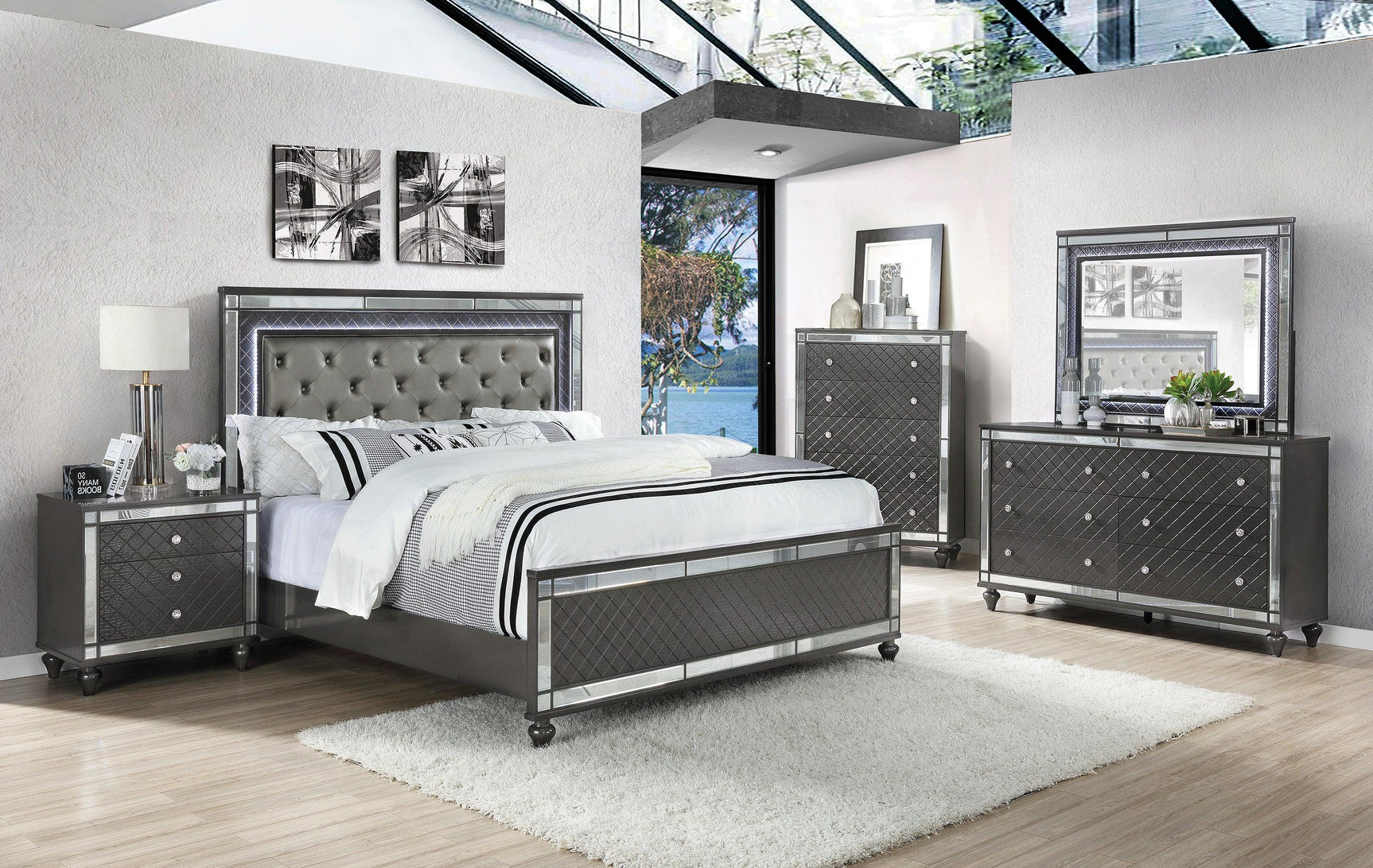 Refino Gray Sleek And Modern Queen LED Faux Leather Upholstered Tufted Panel Bed - Ella Furniture