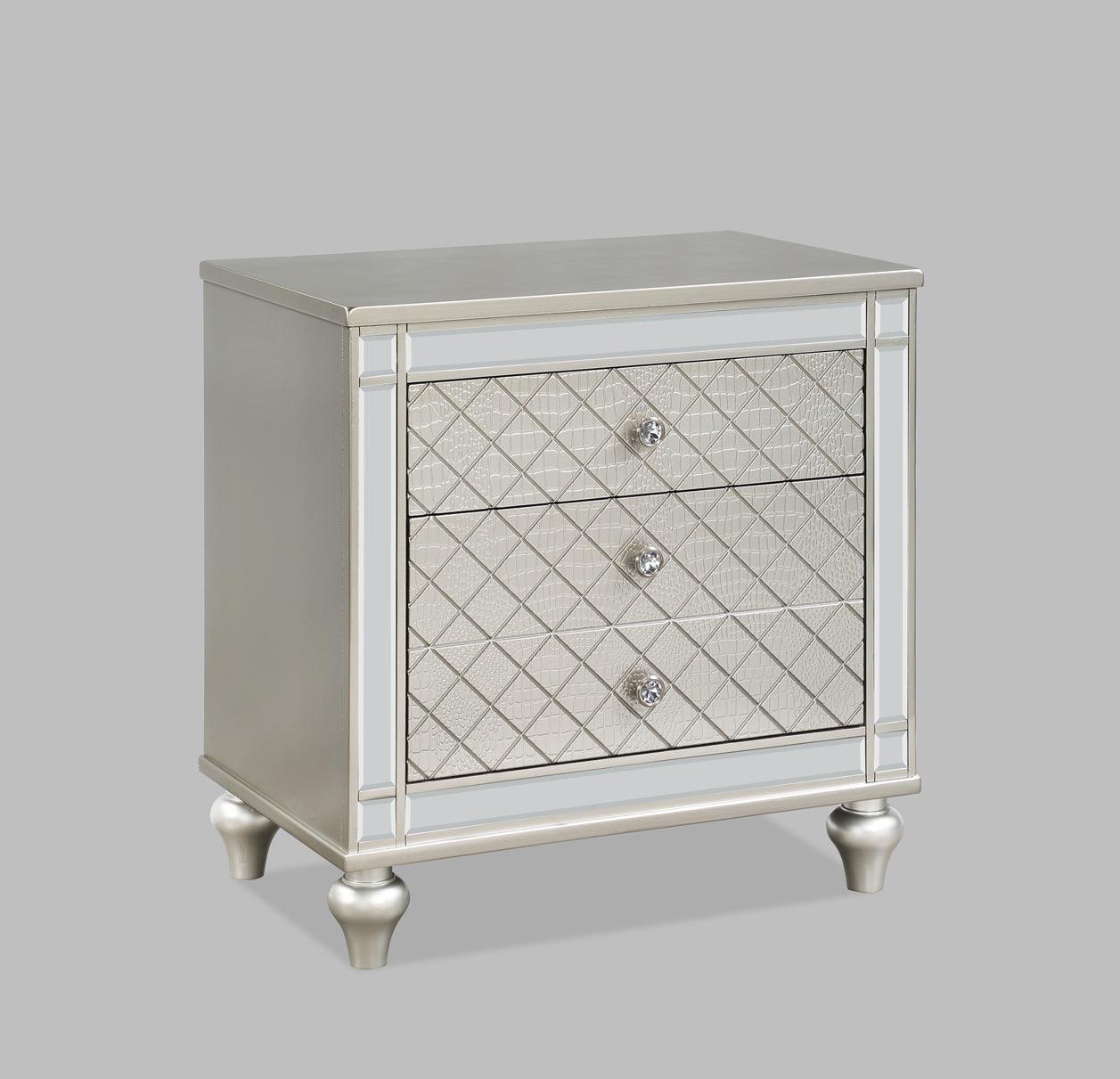 Cristian Night Stand Champagne, Contemporary Modern Wood, Nickel Knob 3 Drawers - Ella Furniture