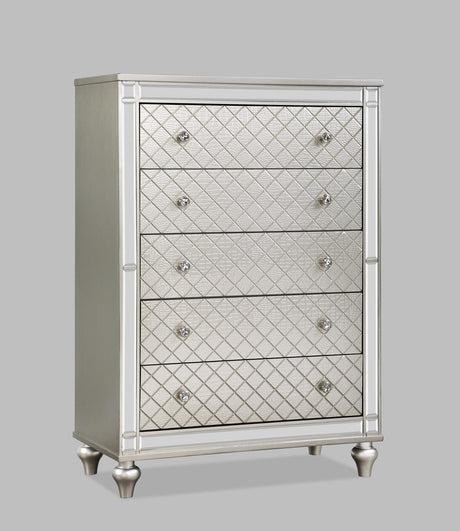Cristian Chest Champagne, Contemporary Modern Wood, Nickel Knob 5 Drawers - Ella Furniture
