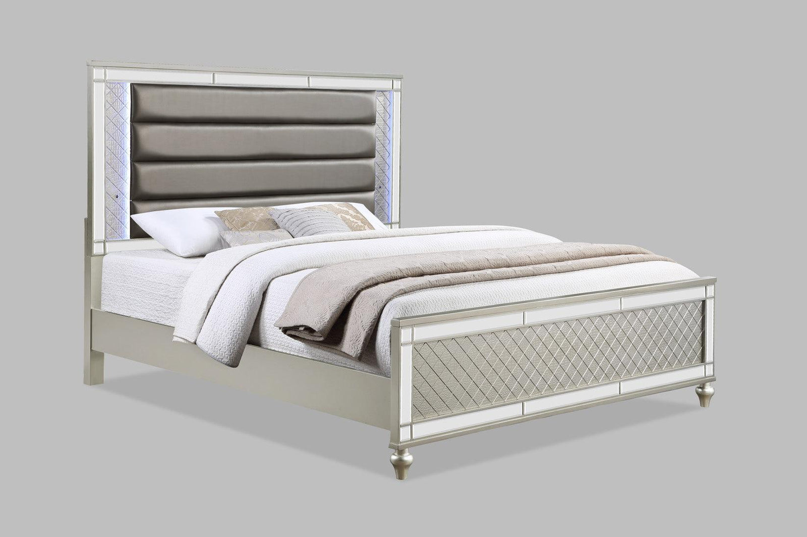 Cristian Champagne Contemporary And Traditional Queen LED Faux Leather Upholstered Panel Bed - Ella Furniture