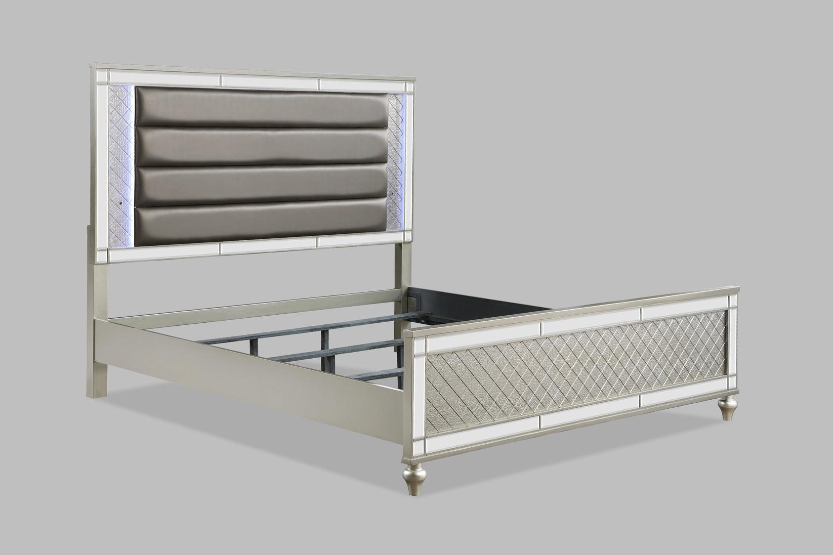 Cristian Champagne Contemporary And Traditional King LED Faux Leather Upholstered Panel Bed - Ella Furniture