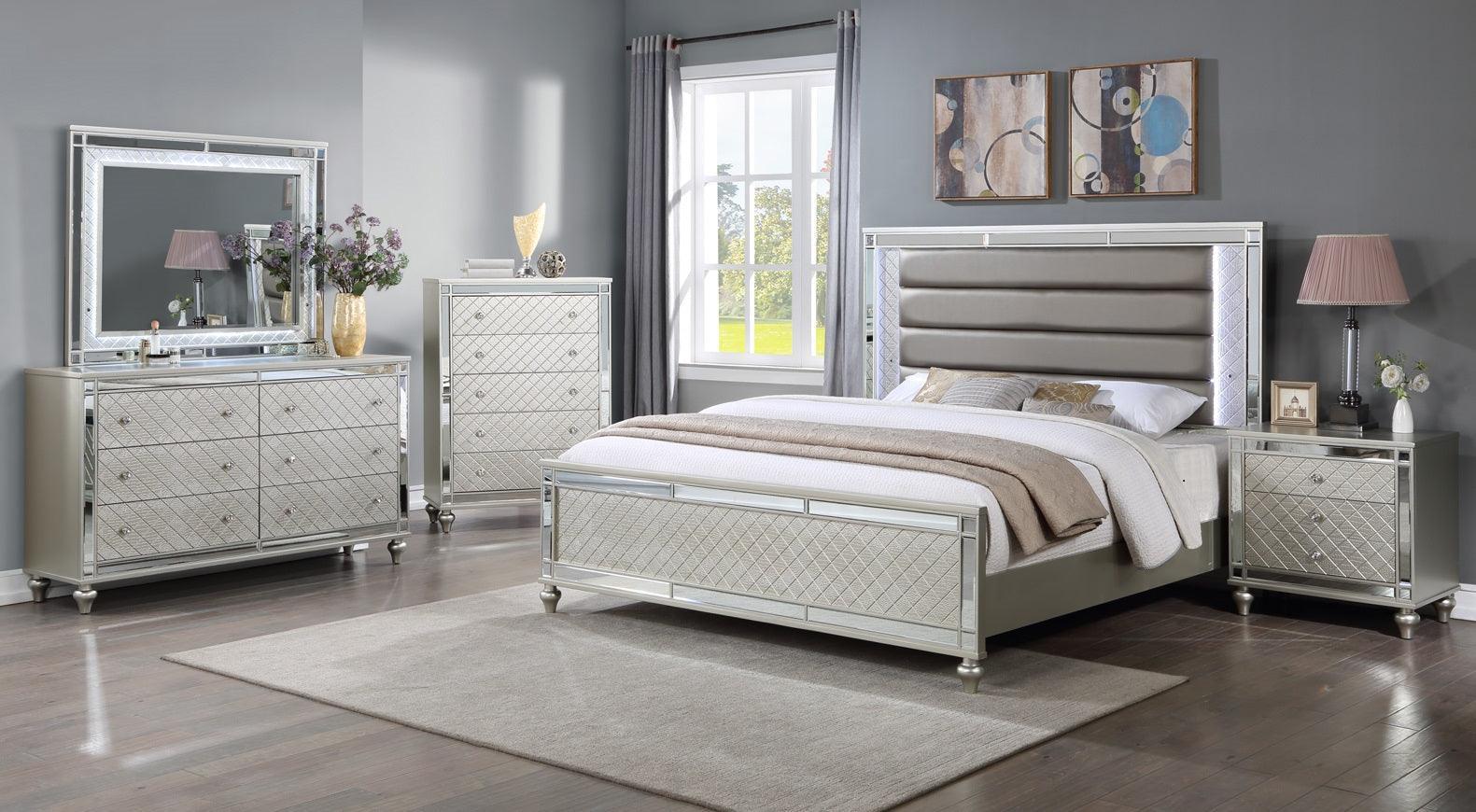 Cristian Champagne Modern LED Fabric Strong And Durable Wood Upholstered Panel Bedroom Set - Ella Furniture