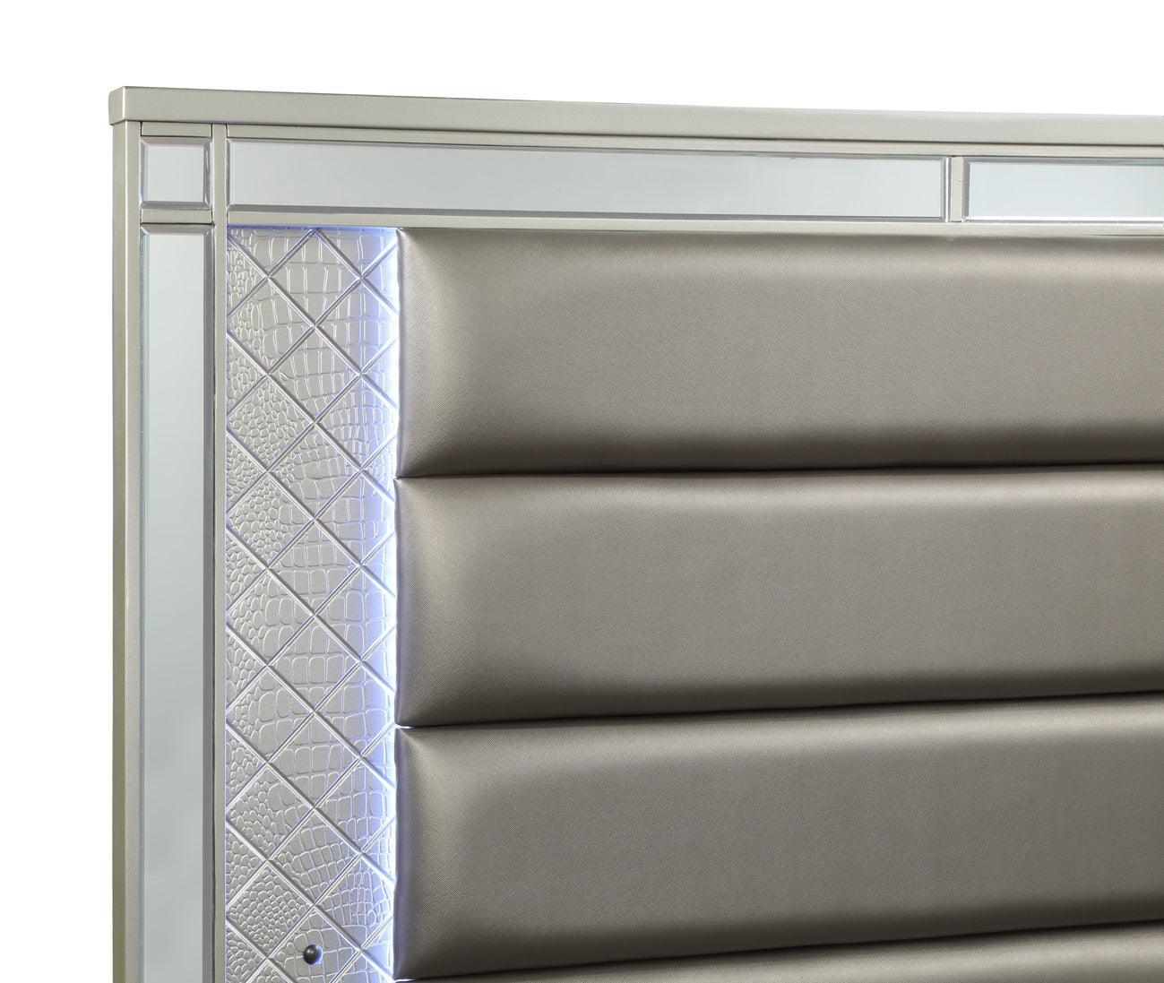 Cristian Champagne Contemporary And Traditional King LED Faux Leather Upholstered Panel Bed - Ella Furniture
