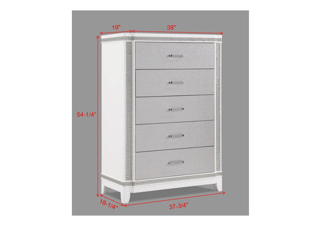 Ariane Chest White/Silver, Classic And Modern Wood, Metal 5 Drawers - Ella Furniture