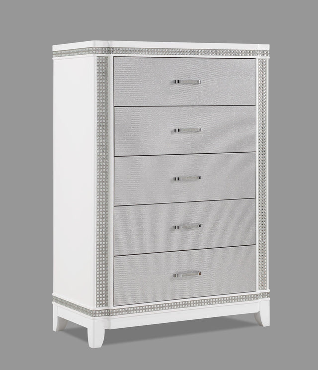 Ariane Chest White/Silver, Classic And Modern Wood, Metal 5 Drawers - Ella Furniture