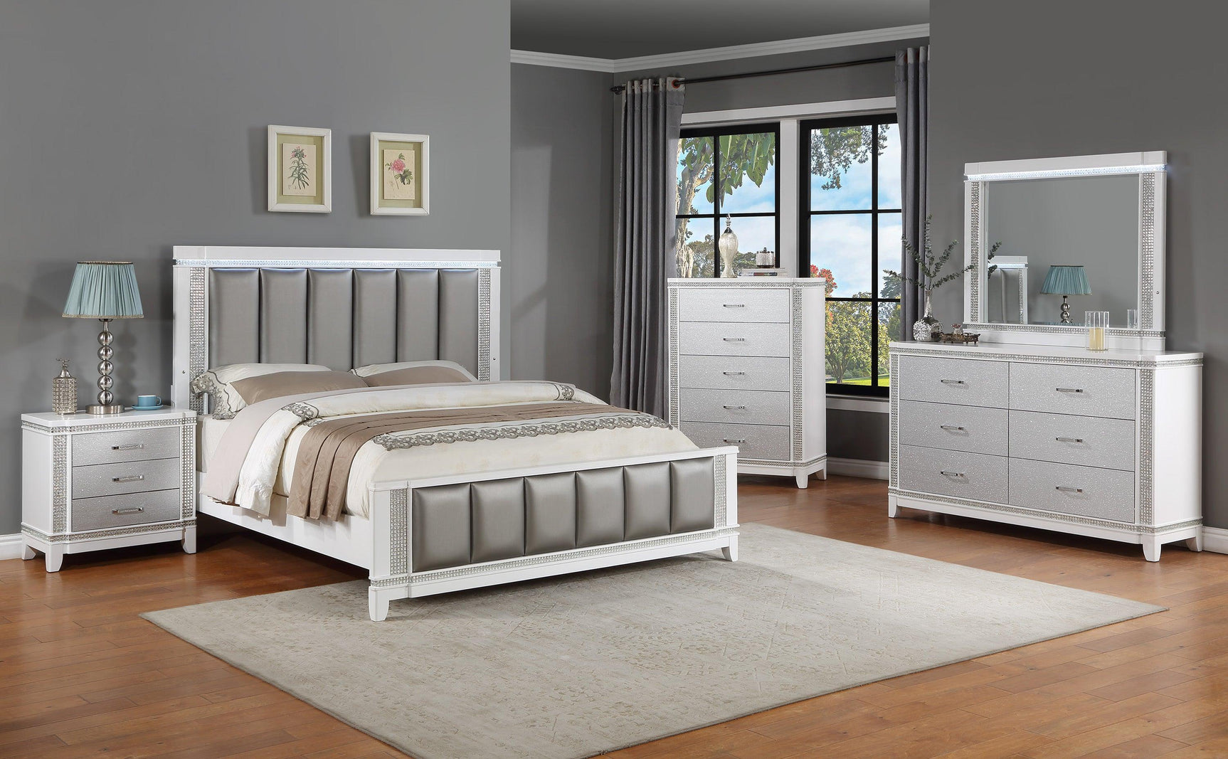 Ariane Silver-White Faux Leather Upholstered Panel Bedroom Set - Ella Furniture