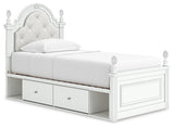 Kozlani White Twin Upholstered Panel Bed with Storage