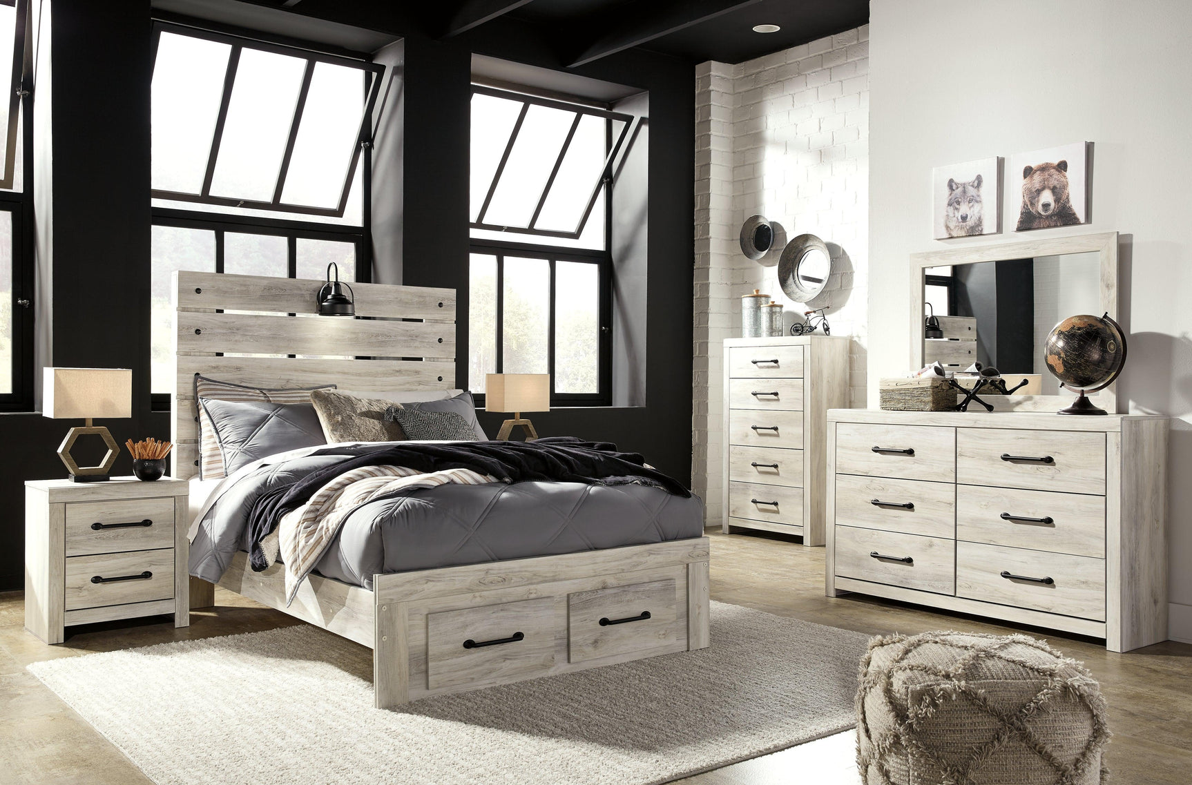 Cambeck Whitewash Full Panel Bed With 2 Storage Drawers B192B33 - Ella Furniture