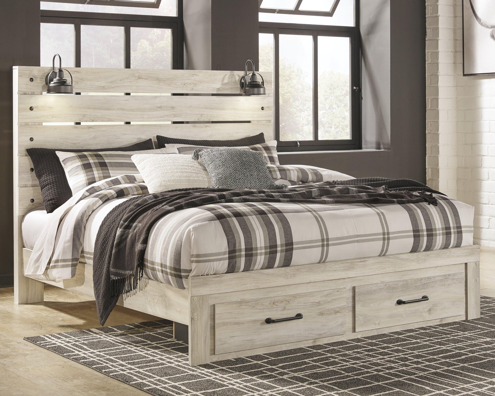 Cambeck Whitewash King Panel Bed With 2 Storage Drawers B192B31 - Ella Furniture