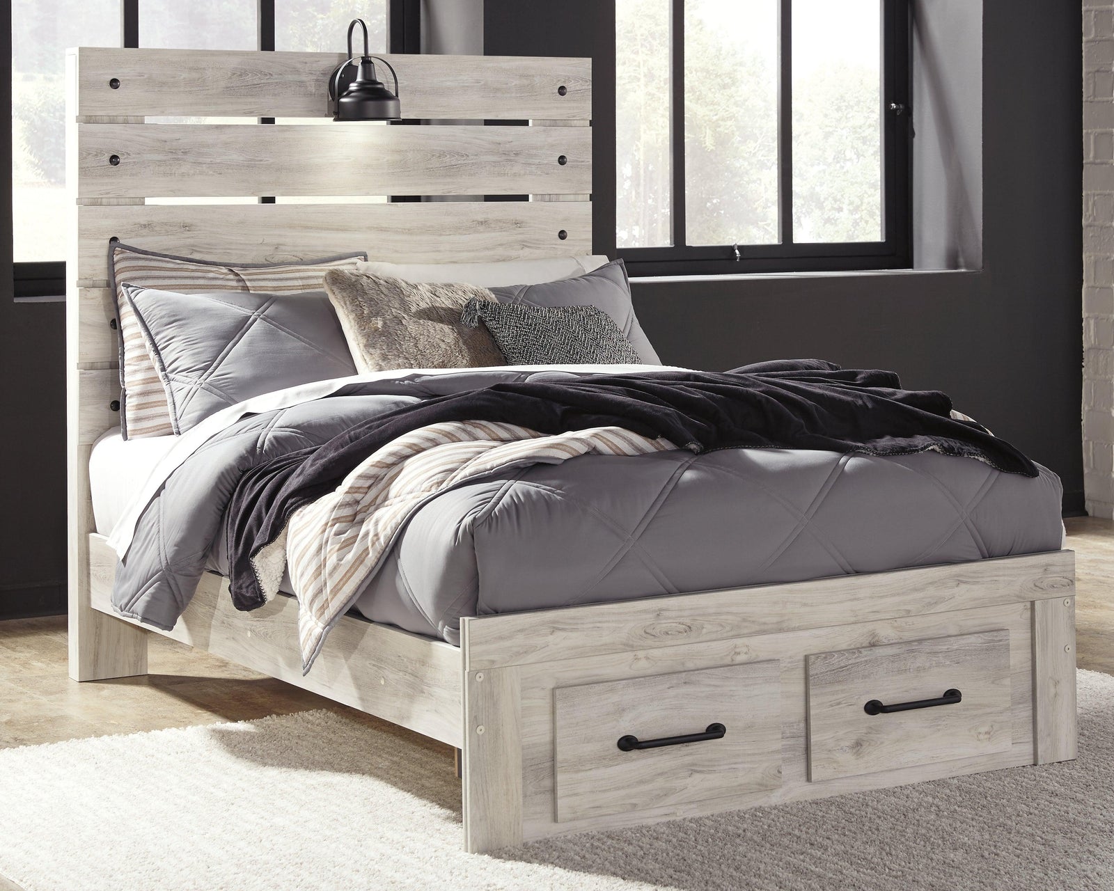 Cambeck Whitewash Full Panel Bed With 2 Storage Drawers B192B33 - Ella Furniture