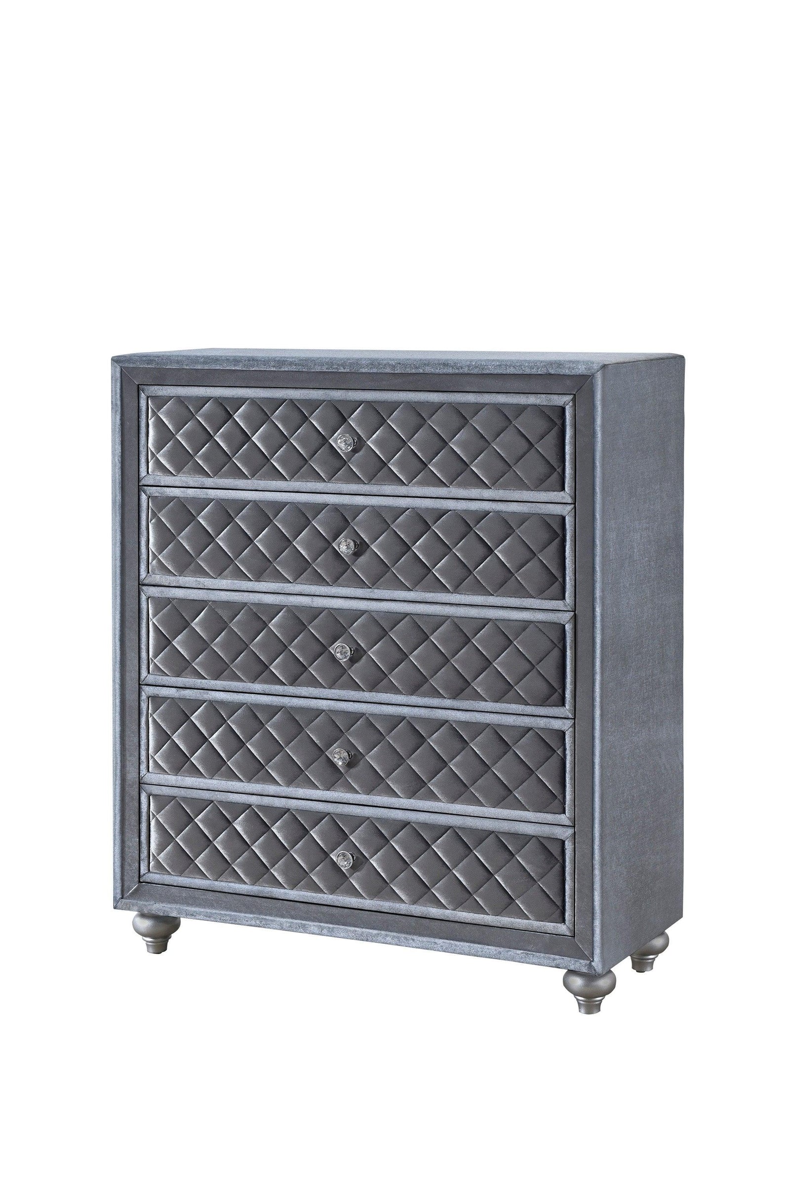 Cameo Chest Gray, Modern And Classic Faux Leather Wood And Veneers, Nickel Knob 5 Drawers - Ella Furniture