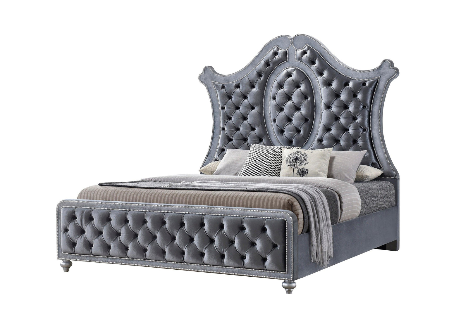 Cameo Gray Traditional And Contemporary Metal And Wood Faux Leather Upholstered Tufted Queen Panel Bed - Ella Furniture