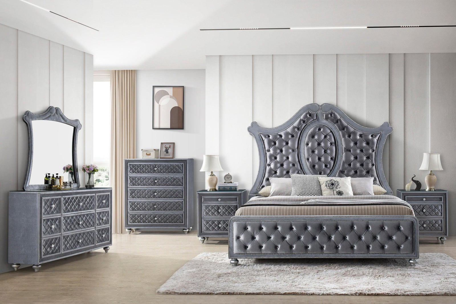 Cameo Gray Modern Velvet Upholstered Tufted Panel Bedroom Set - Ella Furniture