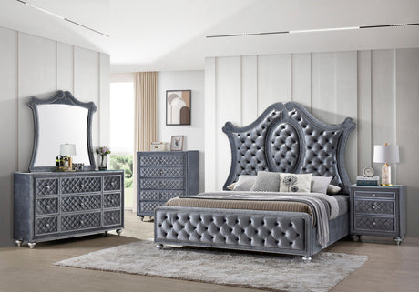 Cameo Chest Gray, Modern And Classic Faux Leather Wood And Veneers, Nickel Knob 5 Drawers - Ella Furniture