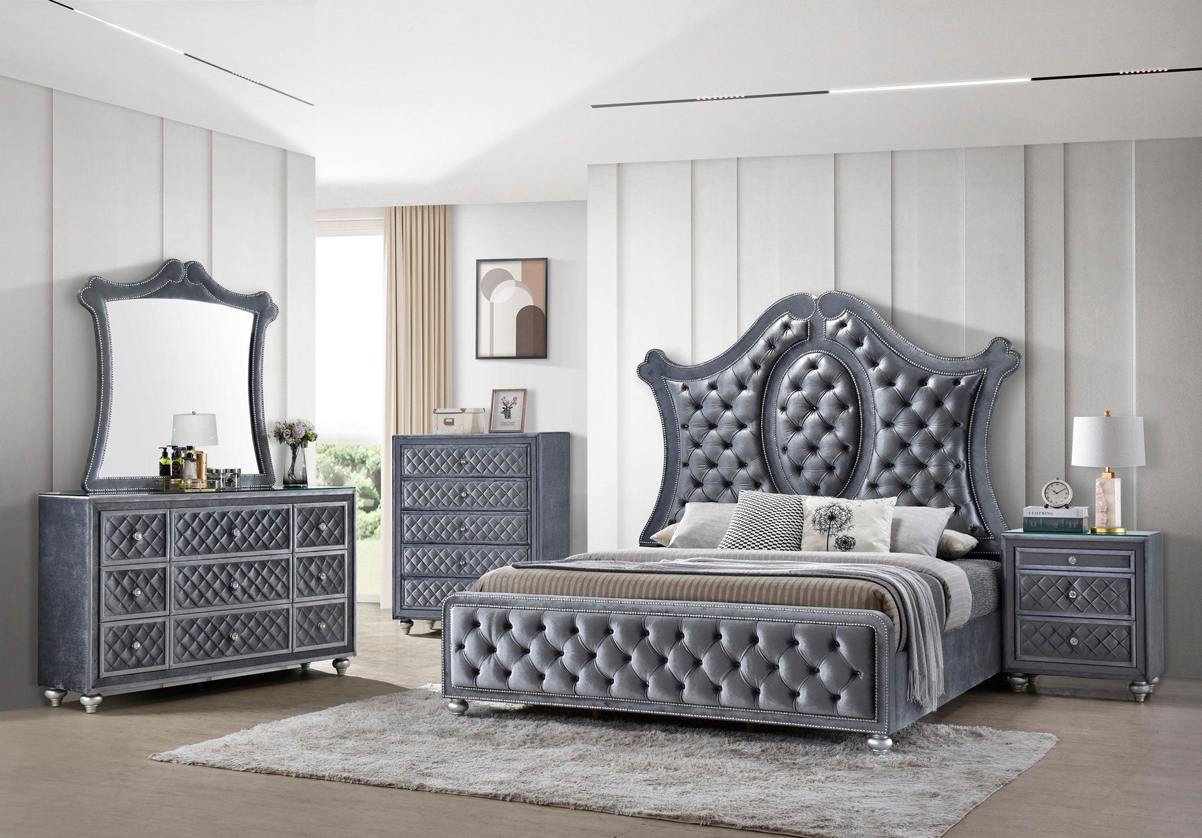 Cameo Dresser Gray/Dark, Modern Velvet, 9 Drawers - Ella Furniture