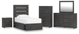 Hollivern Dark Gray Panel Bedroom Set — 4-Drawer Under-Bed Storage — Twin / 5: Bed, Dresser, Mirror, Nightstand, Chest