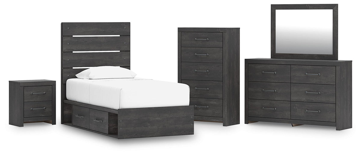 Hollivern Dark Gray Panel Bedroom Set — 4-Drawer Under-Bed Storage — Twin / 5: Bed, Dresser, Mirror, Nightstand, Chest