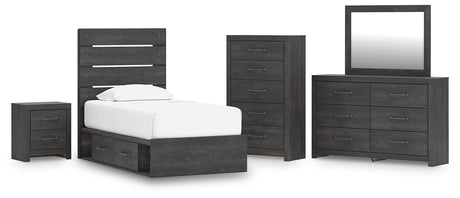 Hollivern Dark Gray Panel Bedroom Set — 4-Drawer Under-Bed Storage — Twin / 5: Bed, Dresser, Mirror, Nightstand, Chest