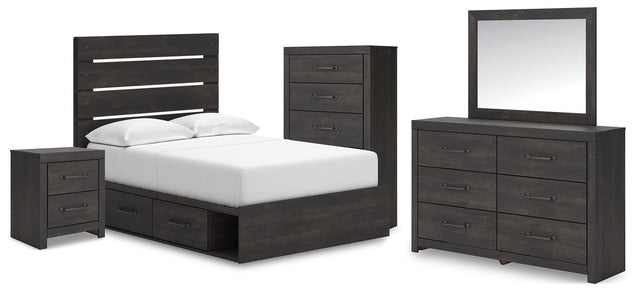 Hollivern Dark Gray Panel Bedroom Set — 4-Drawer Under-Bed Storage — Full / 5: Bed, Dresser, Mirror, Nightstand, Chest