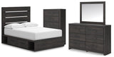 Hollivern Dark Gray Panel Bedroom Set — 4-Drawer Under-Bed Storage — Full / 4: Bed, Dresser, Mirror, Chest