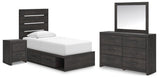 Hollivern Dark Gray Panel Bedroom Set — 4-Drawer Under-Bed Storage — Twin / 4: Bed, Dresser, Mirror, Nightstand