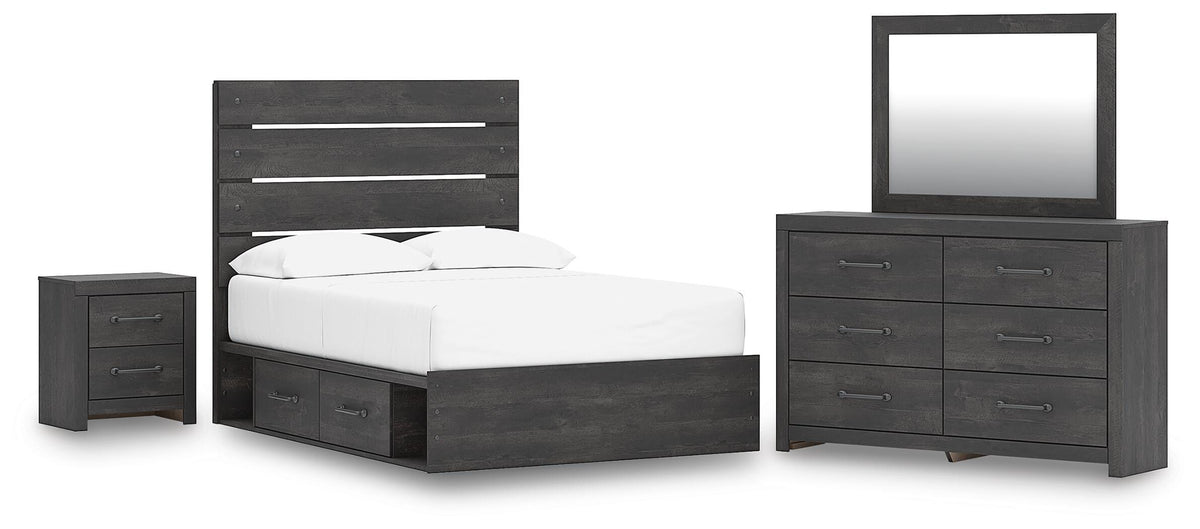 Hollivern Dark Gray Panel Bedroom Set — 4-Drawer Under-Bed Storage — Full / 4: Bed, Dresser, Mirror, Nightstand