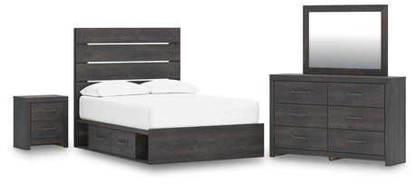 Hollivern Dark Gray Panel Bedroom Set — 4-Drawer Under-Bed Storage — Full / 4: Bed, Dresser, Mirror, Nightstand
