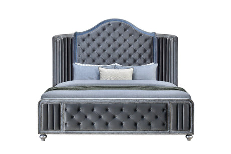 Cameo Gray Modern Contemporary Solid Wood Velvet Upholstered Tufted Panel Queen Bed - Ella Furniture
