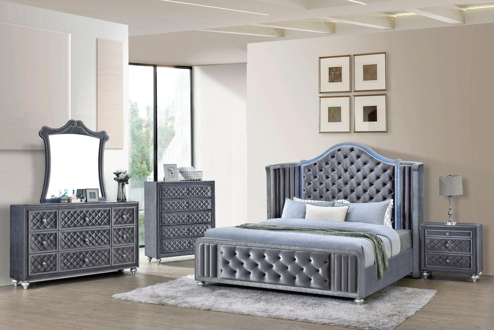 Cameo Gray Modern Contemporary Solid Wood Velvet Upholstered Tufted Panel Bedroom Set - Ella Furniture