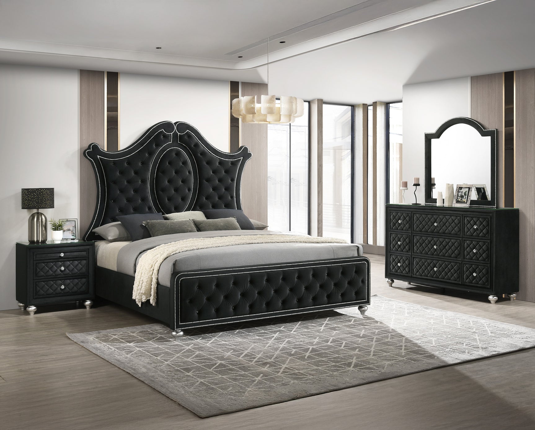 Cameo Black Upholstered Tufted Panel King Bed