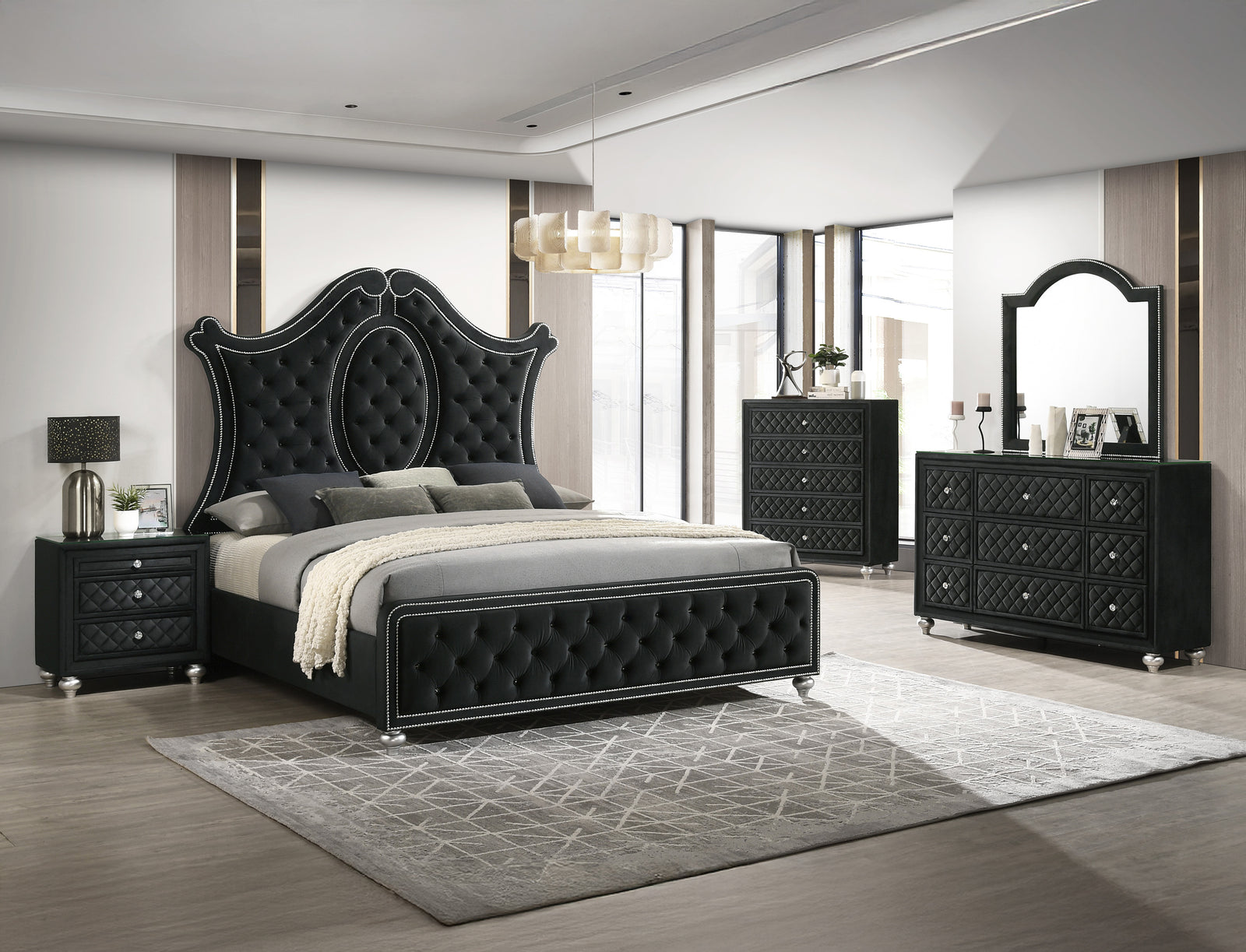 Cameo Black Upholstered Tufted Panel Bedroom Set