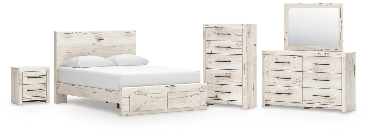Lawroy Light Natural Panel Bedroom Set — 2-Drawer Footboard Storage — Queen / 5: Bed, Dresser, Mirror, Nightstand, Chest