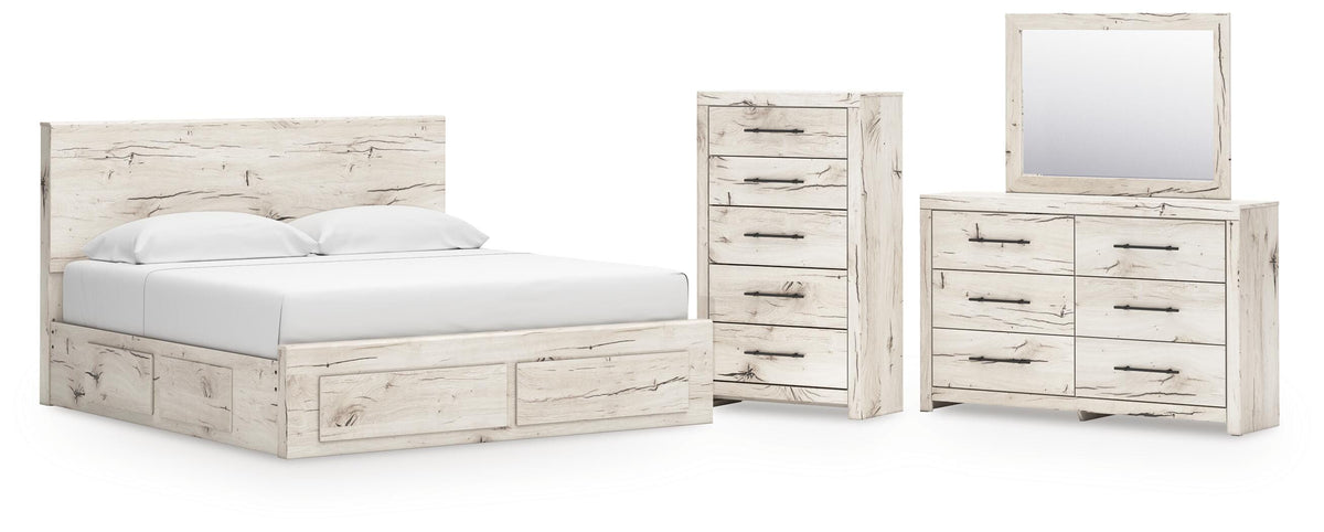 Lawroy Light Natural Panel Bedroom Set — 6-Drawer Footboard and Under-Bed Storage — King / 4: Bed, Dresser, Mirror, Chest