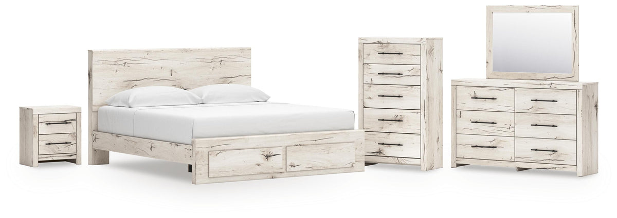 Lawroy Light Natural Panel Bedroom Set — 2-Drawer Footboard Storage — King / 5: Bed, Dresser, Mirror, Nightstand, Chest